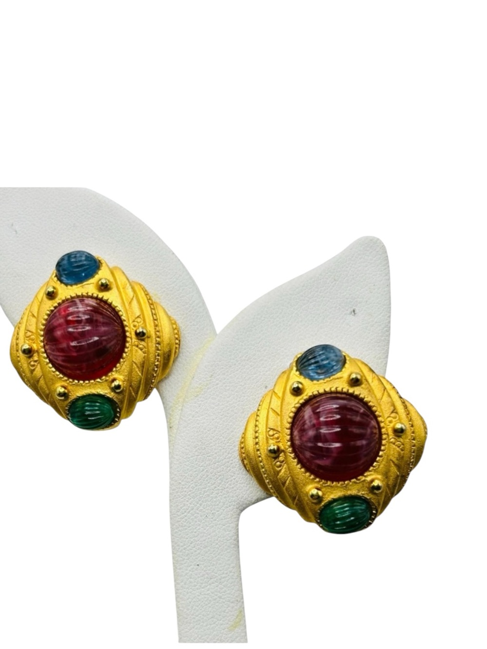 Vintage 1980's Jeweled Etruscan Matte Gold Earrings